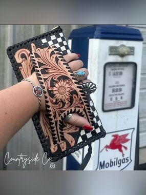 Hand-Tooled Floral Leather Wristlet Clutch in Tan and Black